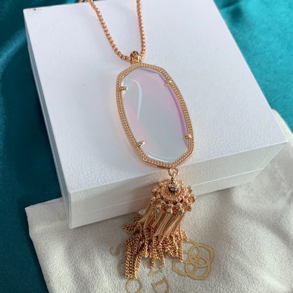 Kendra Scott Rayne Rose Gold Long Pendant Necklace Dichroic Glass - Picture 10 of 15